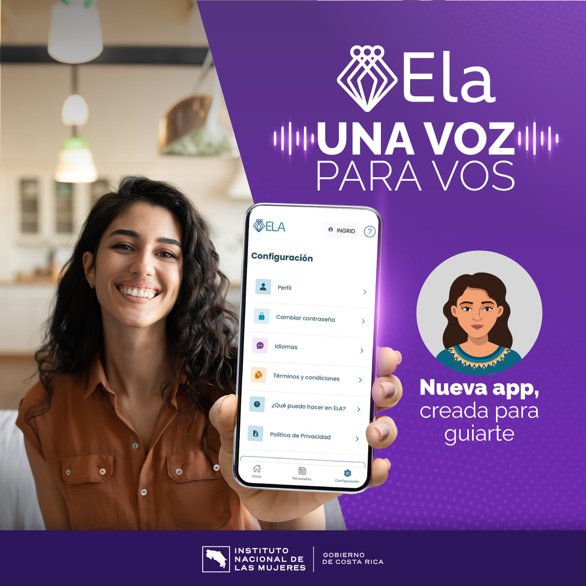 Mujer joven sonriendo enseña el celular con la aplicación virtual Ela