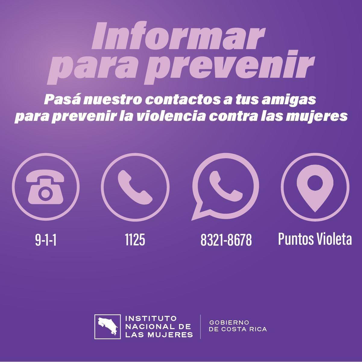 canales con los que cuenta el INAMU para brindar atención a las mujeres que son el 9-1-1-, la línea 1125, los puntos violeta en todo el país y el whatsApp 8321-8678