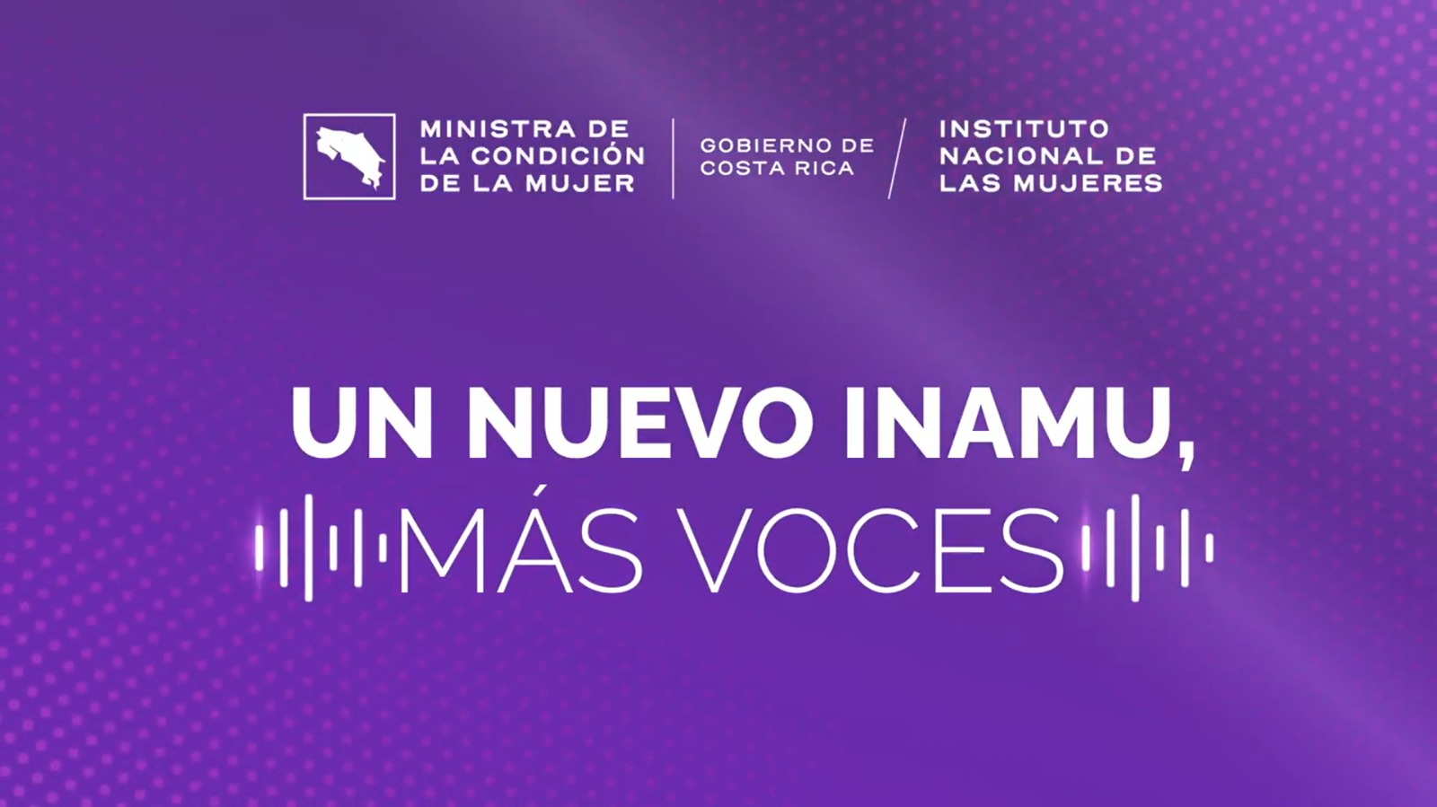Se lee la frase Un nuevo INAMU, nuevas voces sobre un fondo morado.