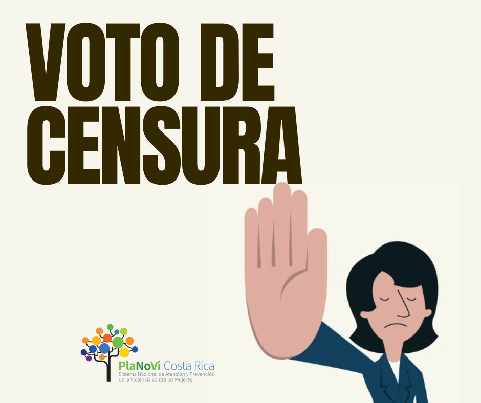 una señora con la mano en alto y los dedos extendidos y juntos en señal de alto con la frase voto de censura