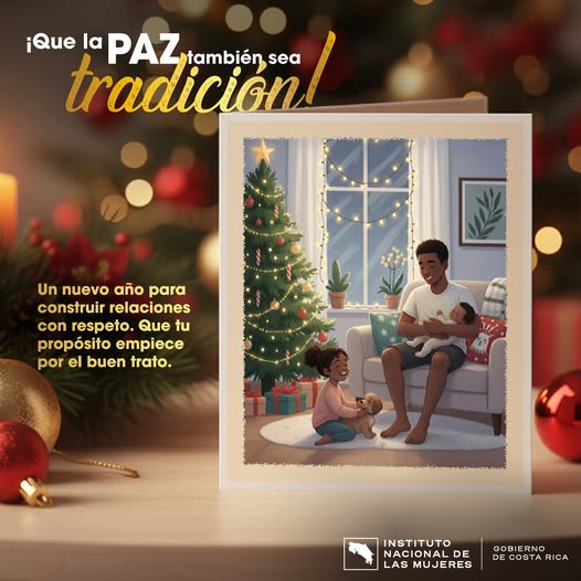 hombre en la sala con un bebé en brazos y una niña en el suelo con un árbol de Navidad y la leyenda que la paz también sea tradición