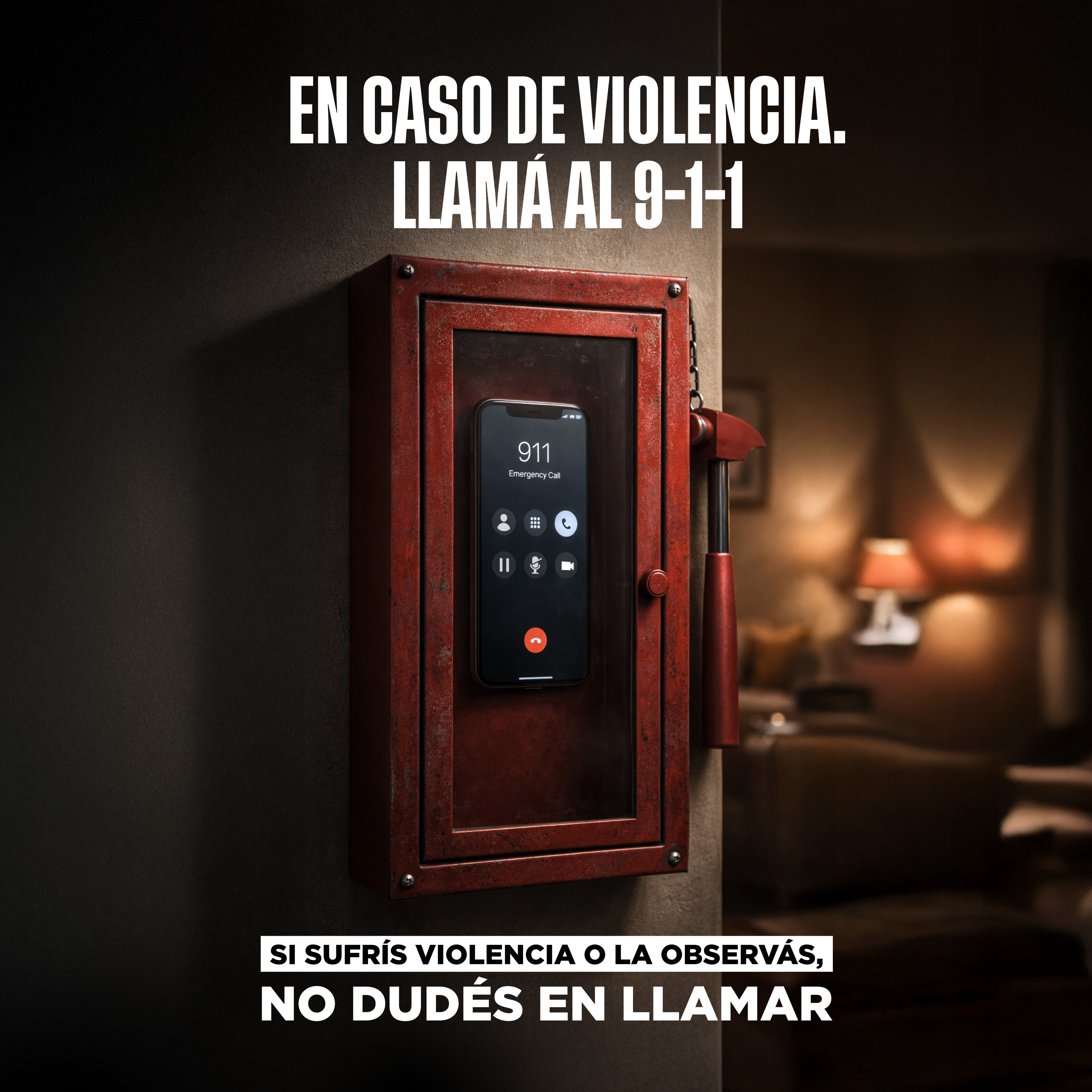 teléfono con la leyenda: en caso de violencia llama al 9-1-1