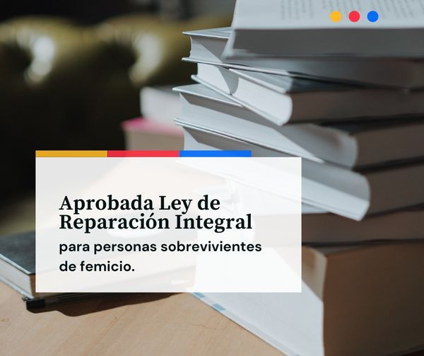 Libros sobre un escritorio con la leyenda: Aprobada Ley de Reparación Integral para personas sobrevivientes de femicidio