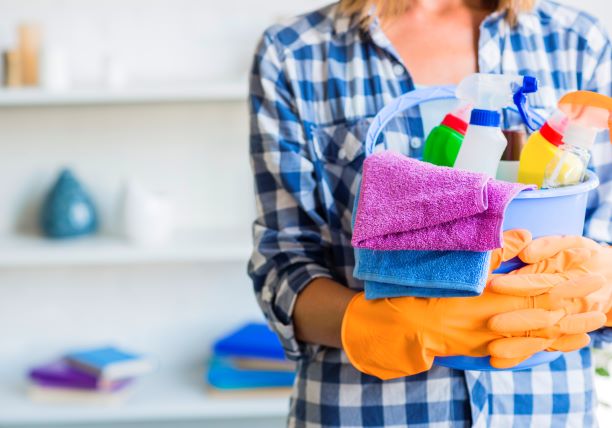 imagen de una mujer con guantes, un balde y productos de limpieza, que hace referencia a una persona trabajadora doméstica